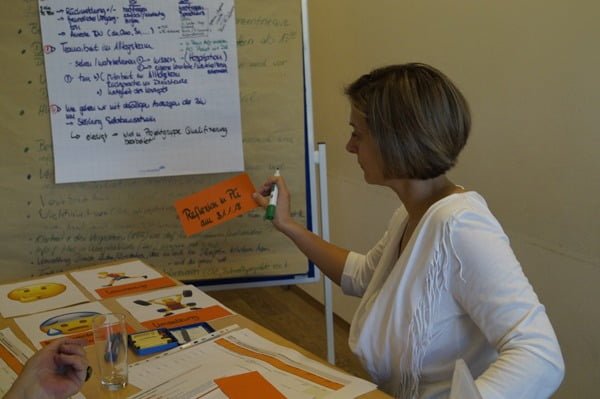 In Coachings für Unternehmen werden Ergebnisse zusammen getragen. Eine Frau schreibt eine Notiz und will diese an eine Metaplan Wand pinnen.