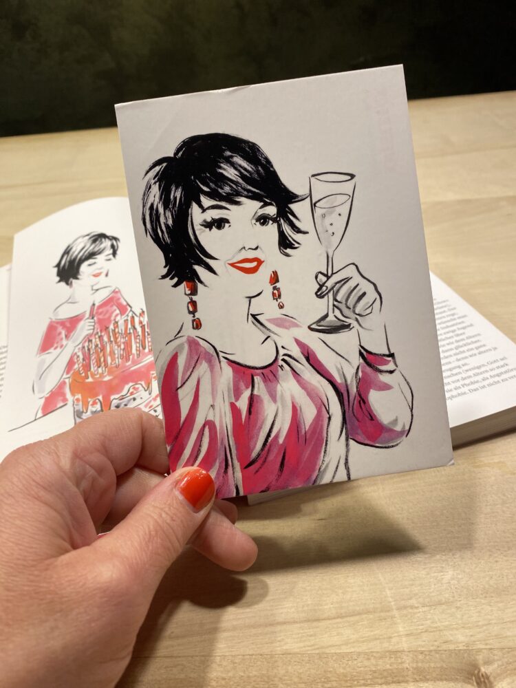 Ein gezeichnete Frau hält ein Sektglas in der Hand und strahlt vor Glück